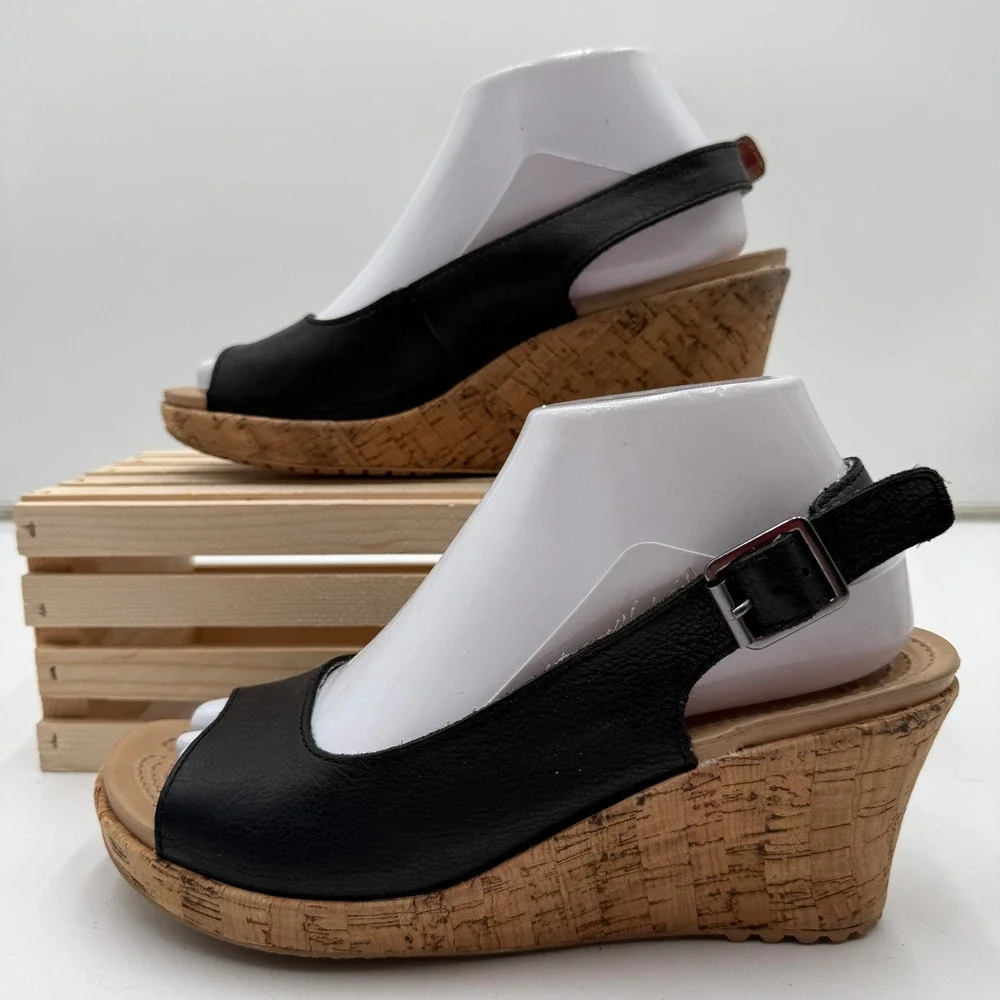 Crocs A-leigh Leather Wedge Sandals‎ Plaid Slingback Cork Heel Black Womens 8